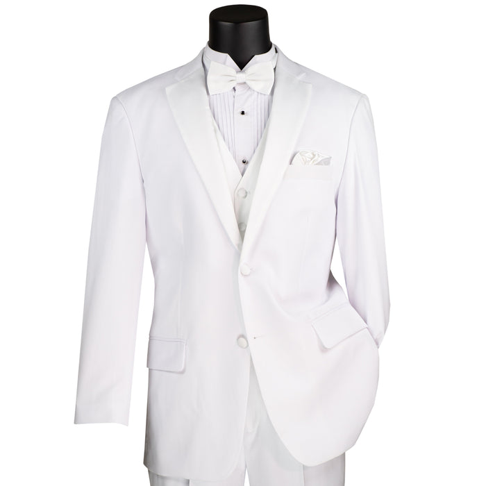 VINCI Men's White 4pc Tuxedo with Sateen Lapel and Trim, including Bow Tie. Features fully lined jacket, matching vest, pleated pants, and bow tie for a complete, elegant formal look. Shop at Fashion House Inc. (FH Menswear).