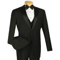 VINCI Men's Black 4pc Tuxedo with Sateen Lapel, Trim, Adjustable Waist, and Bow Tie - NEW. Includes fully lined jacket, sateen-front vest, flat-front adjustable pants, and bow tie for an elegant, custom-fit formal ensemble. Available at Fashion House Inc. (FH Menswear)