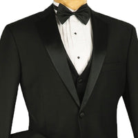 VINCI Men's Black 4pc Tuxedo with Sateen Lapel, Trim, Adjustable Waist, and Bow Tie - NEW. Includes fully lined jacket, sateen-front vest, flat-front adjustable pants, and bow tie for an elegant, custom-fit formal ensemble. Available at Fashion House Inc. (FH Menswear)