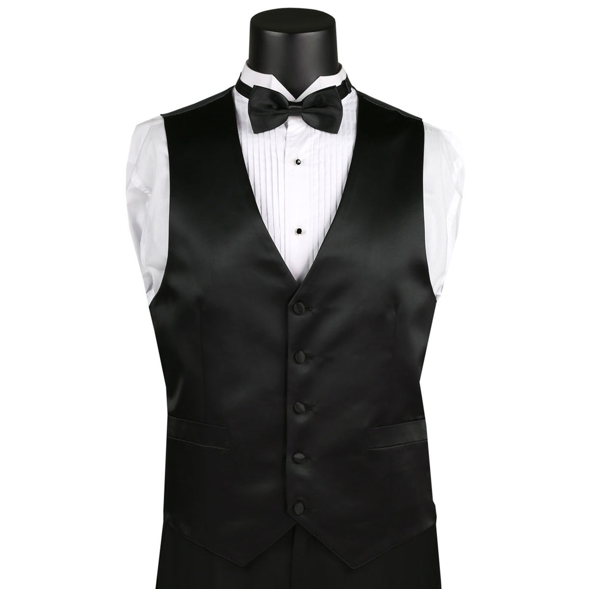 VINCI Men's Black 4pc Tuxedo with Sateen Lapel, Trim, Adjustable Waist, and Bow Tie - NEW. Includes fully lined jacket, sateen-front vest, flat-front adjustable pants, and bow tie for an elegant, custom-fit formal ensemble. Available at Fashion House Inc. (FH Menswear)