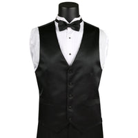 VINCI Men's Black 4pc Tuxedo with Sateen Lapel, Trim, Adjustable Waist, and Bow Tie - NEW. Includes fully lined jacket, sateen-front vest, flat-front adjustable pants, and bow tie for an elegant, custom-fit formal ensemble. Available at Fashion House Inc. (FH Menswear)