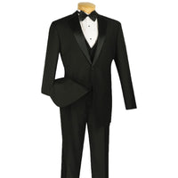 VINCI Men's Black 4pc Tuxedo with Sateen Lapel, Trim, Adjustable Waist, and Bow Tie - NEW. Includes fully lined jacket, sateen-front vest, flat-front adjustable pants, and bow tie for an elegant, custom-fit formal ensemble. Available at Fashion House Inc. (FH Menswear)