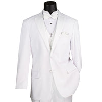 VINCI Men's White 4pc Tuxedo with Sateen Lapel, Trim, Adjustable Waist, and Bow Tie - NEW. Includes fully lined jacket, sateen-front vest, flat-front adjustable pants, and bow tie for an elegant, custom-fit formal ensemble. Available at Fashion House Inc. (FH Menswear)