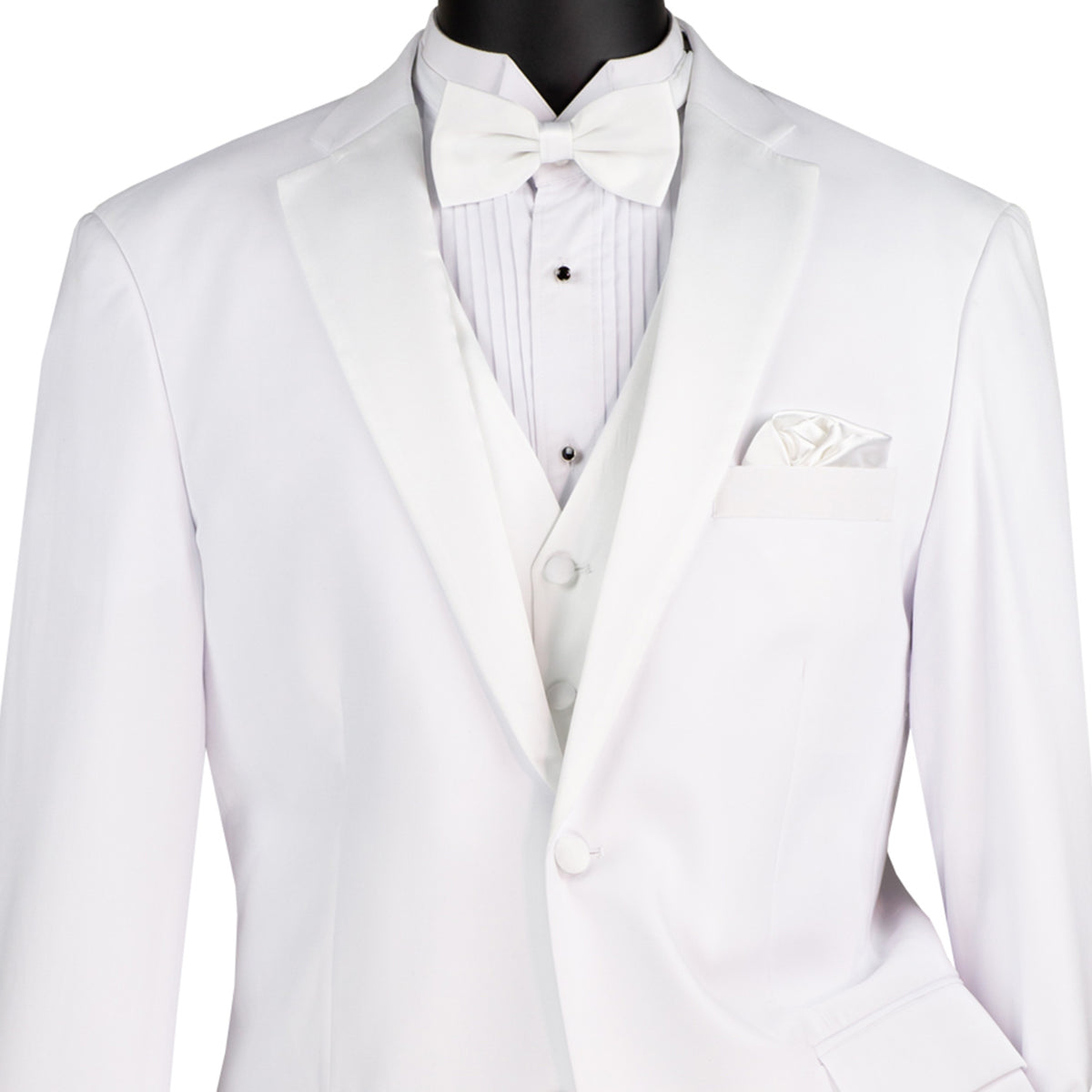 VINCI Men's White 4pc Tuxedo with Sateen Lapel, Trim, Adjustable Waist, and Bow Tie - NEW. Includes fully lined jacket, sateen-front vest, flat-front adjustable pants, and bow tie for an elegant, custom-fit formal ensemble. Available at Fashion House Inc. (FH Menswear)
