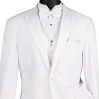 VINCI Men's White 4pc Tuxedo with Sateen Lapel, Trim, Adjustable Waist, and Bow Tie - NEW. Includes fully lined jacket, sateen-front vest, flat-front adjustable pants, and bow tie for an elegant, custom-fit formal ensemble. Available at Fashion House Inc. (FH Menswear)