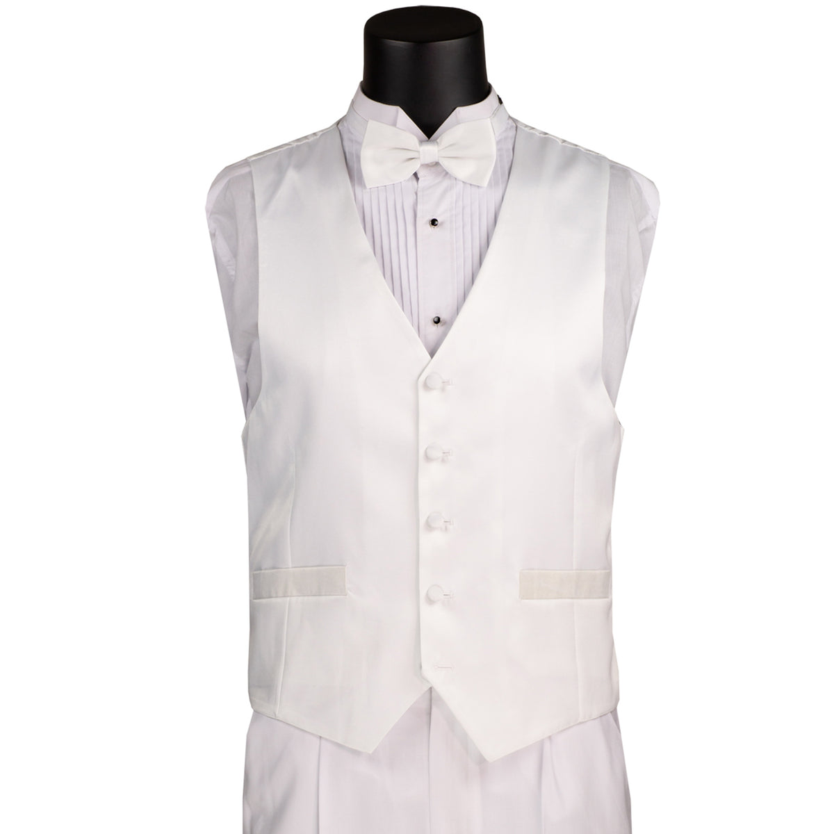VINCI Men's White 4pc Tuxedo with Sateen Lapel, Trim, Adjustable Waist, and Bow Tie - NEW. Includes fully lined jacket, sateen-front vest, flat-front adjustable pants, and bow tie for an elegant, custom-fit formal ensemble. Available at Fashion House Inc. (FH Menswear)