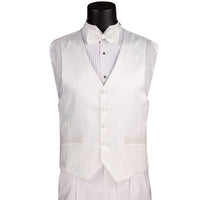 VINCI Men's White 4pc Tuxedo with Sateen Lapel, Trim, Adjustable Waist, and Bow Tie - NEW. Includes fully lined jacket, sateen-front vest, flat-front adjustable pants, and bow tie for an elegant, custom-fit formal ensemble. Available at Fashion House Inc. (FH Menswear)