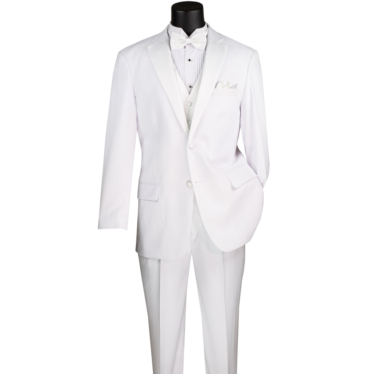 VINCI Men's White 4pc Tuxedo with Sateen Lapel, Trim, Adjustable Waist, and Bow Tie - NEW. Includes fully lined jacket, sateen-front vest, flat-front adjustable pants, and bow tie for an elegant, custom-fit formal ensemble. Available at Fashion House Inc. (FH Menswear)
