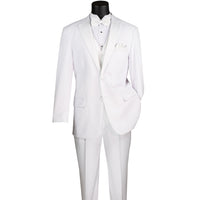 VINCI Men's White 4pc Tuxedo with Sateen Lapel, Trim, Adjustable Waist, and Bow Tie - NEW. Includes fully lined jacket, sateen-front vest, flat-front adjustable pants, and bow tie for an elegant, custom-fit formal ensemble. Available at Fashion House Inc. (FH Menswear)