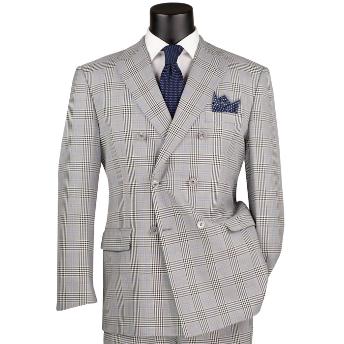 VINCI Men's Gray Glen Plaid Double-Breasted 6-Button Classic Suit. Tailored in a classic silhouette with a peak lapel jacket and flat-front pants ready for custom tailoring. Ideal for office wear or sophisticated evening events, combining timeless style with modern elegance. Available at Fashion House Inc. (FH Menswear)