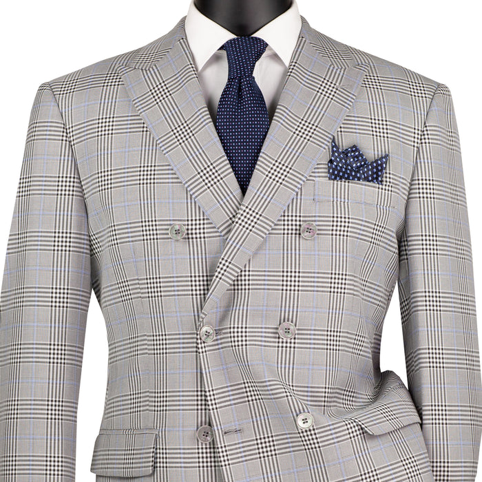 VINCI Men's Gray Glen Plaid Double-Breasted 6-Button Classic Suit. Tailored in a classic silhouette with a peak lapel jacket and flat-front pants ready for custom tailoring. Ideal for office wear or sophisticated evening events, combining timeless style with modern elegance. Available at Fashion House Inc. (FH Menswear)