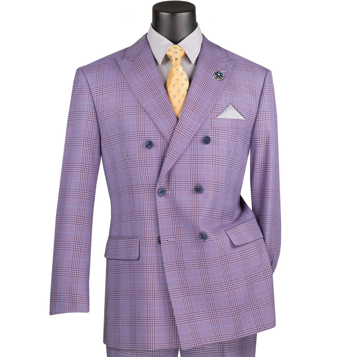 VINCI Men's Light Purple Glen Plaid Double-Breasted 6-Button Classic Suit. Tailored in a classic silhouette with a peak lapel jacket and flat-front pants ready for custom tailoring. Ideal for office wear or sophisticated evening events, combining timeless style with modern elegance. Available at Fashion House Inc. (FH Menswear)
