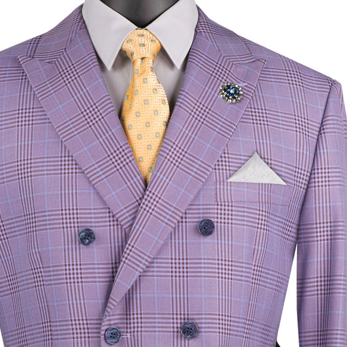 VINCI Men's Light Purple Glen Plaid Double-Breasted 6-Button Classic Suit. Tailored in a classic silhouette with a peak lapel jacket and flat-front pants ready for custom tailoring. Ideal for office wear or sophisticated evening events, combining timeless style with modern elegance. Available at Fashion House Inc. (FH Menswear)