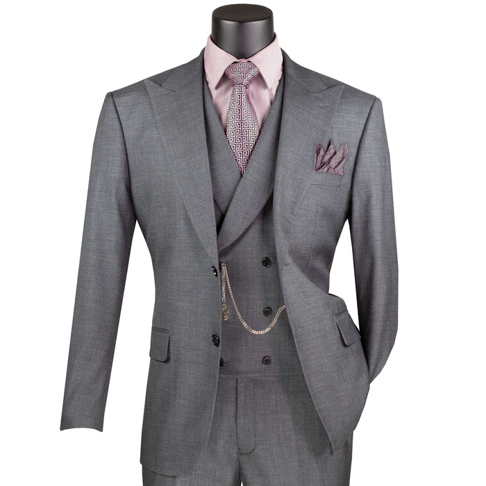 VINCI Men's Charcoal Textured 3pc Modern Fit Suit with Adjustable Waist - NEW. Contemporary style with a bold peak lapel jacket, flat-front pants for custom tailoring, and unique textured weave. Perfect for professional and social occasions. Available at Fashion House Inc. (FH Menswear)