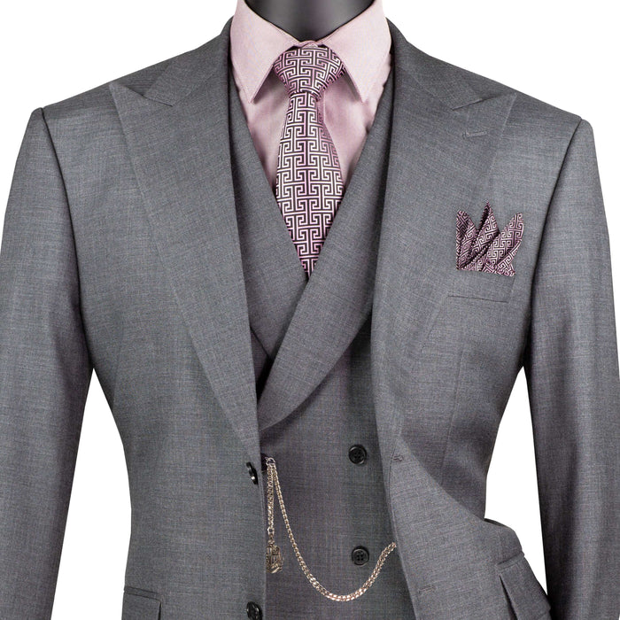 VINCI Men's Charcoal Textured 3pc Modern Fit Suit with Adjustable Waist - NEW. Contemporary style with a bold peak lapel jacket, flat-front pants for custom tailoring, and unique textured weave. Perfect for professional and social occasions. Available at Fashion House Inc. (FH Menswear)