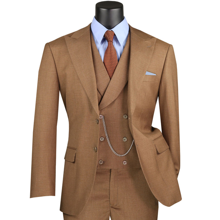 VINCI Men's Light Brown Textured 3pc Modern Fit Suit with Adjustable Waist - NEW. Contemporary style with a bold peak lapel jacket, flat-front pants for custom tailoring, and unique textured weave. Perfect for professional and social occasions. Available at Fashion House Inc. (FH Menswear)