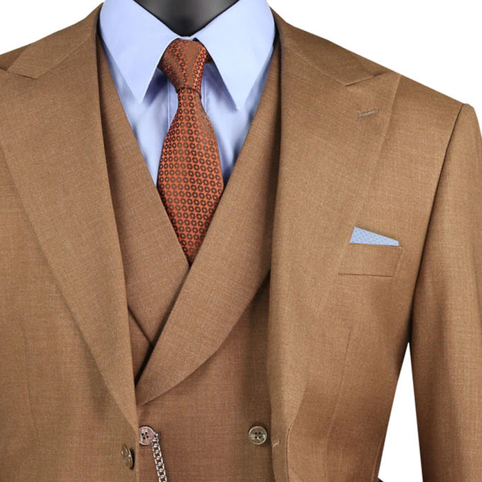 VINCI Men's Light Brown Textured 3pc Modern Fit Suit with Adjustable Waist - NEW. Contemporary style with a bold peak lapel jacket, flat-front pants for custom tailoring, and unique textured weave. Perfect for professional and social occasions. Available at Fashion House Inc. (FH Menswear)