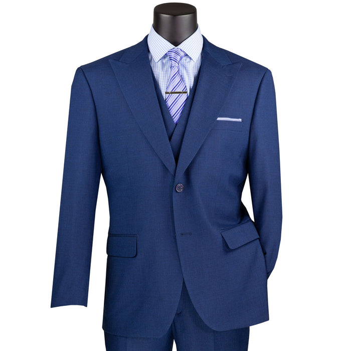 VINCI Men's Navy Textured 3pc Modern Fit Suit with Adjustable Waist - NEW. Contemporary style with a bold peak lapel jacket, flat-front pants for custom tailoring, and unique textured weave. Perfect for professional and social occasions. Available at Fashion House Inc. (FH Menswear)