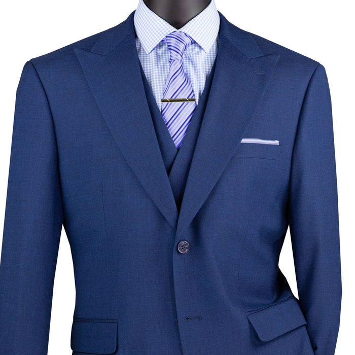 VINCI Men's Navy Textured 3pc Modern Fit Suit with Adjustable Waist - NEW. Contemporary style with a bold peak lapel jacket, flat-front pants for custom tailoring, and unique textured weave. Perfect for professional and social occasions. Available at Fashion House Inc. (FH Menswear)