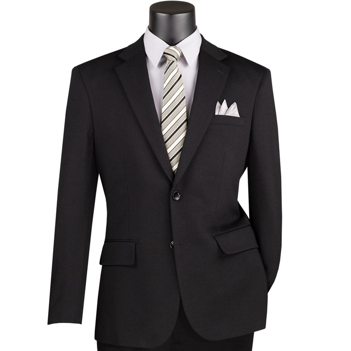 VINCI Men's Black Slim Fit 2pc Knit Stretch Suit with Adjustable Waist - NEW. Features a modern slim silhouette, elegantly lined jacket with notch lapel, and flat-front pants with elastic comfort waistband for optimal fit. Perfect for office or social occasions, blending practicality with enduring style. Available at Fashion House Inc. (FH Menswear)