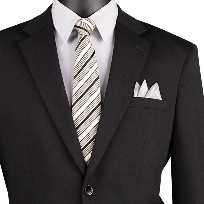 VINCI Men's Black Slim Fit 2pc Knit Stretch Suit with Adjustable Waist - NEW. Features a modern slim silhouette, elegantly lined jacket with notch lapel, and flat-front pants with elastic comfort waistband for optimal fit. Perfect for office or social occasions, blending practicality with enduring style. Available at Fashion House Inc. (FH Menswear)