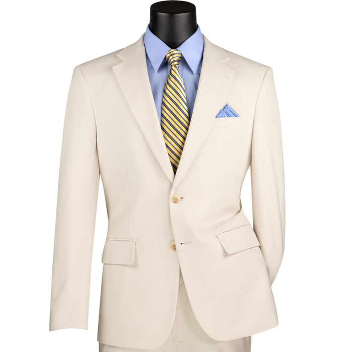 VINCI Men's Bone White Slim Fit 2pc Knit Stretch Suit with Adjustable Waist - NEW. Features a modern slim silhouette, elegantly lined jacket with notch lapel, and flat-front pants with elastic comfort waistband for optimal fit. Perfect for office or social occasions, blending practicality with enduring style. Available at Fashion House Inc. (FH Menswear)