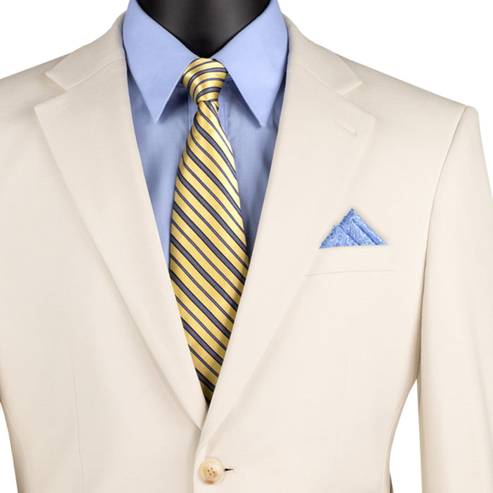 VINCI Men's Bone White Slim Fit 2pc Knit Stretch Suit with Adjustable Waist - NEW. Features a modern slim silhouette, elegantly lined jacket with notch lapel, and flat-front pants with elastic comfort waistband for optimal fit. Perfect for office or social occasions, blending practicality with enduring style. Available at Fashion House Inc. (FH Menswear)
