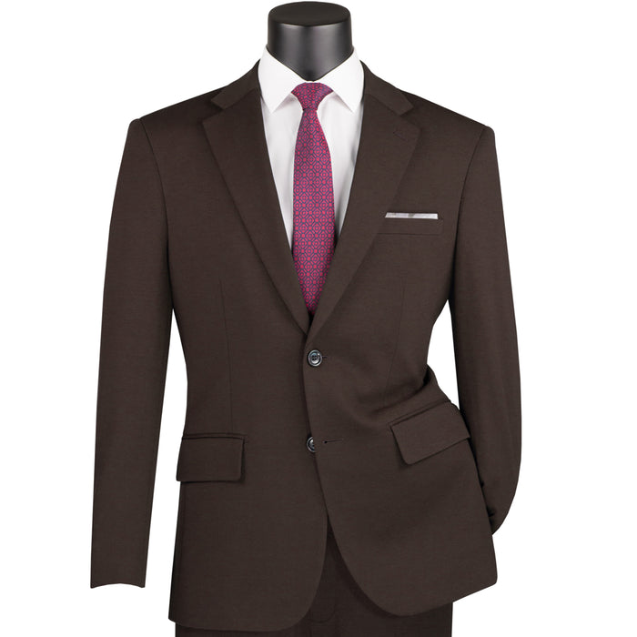 VINCI Men's Brown Slim Fit 2pc Knit Stretch Suit with Adjustable Waist - NEW. Features a modern slim silhouette, elegantly lined jacket with notch lapel, and flat-front pants with elastic comfort waistband for optimal fit. Perfect for office or social occasions, blending practicality with enduring style. Available at Fashion House Inc. (FH Menswear)