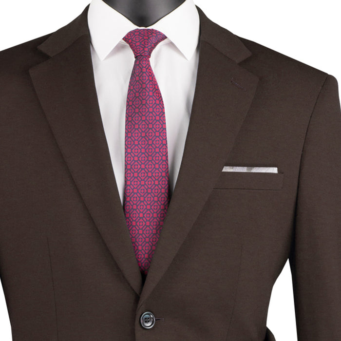 VINCI Men's Brown Slim Fit 2pc Knit Stretch Suit with Adjustable Waist - NEW. Features a modern slim silhouette, elegantly lined jacket with notch lapel, and flat-front pants with elastic comfort waistband for optimal fit. Perfect for office or social occasions, blending practicality with enduring style. Available at Fashion House Inc. (FH Menswear)