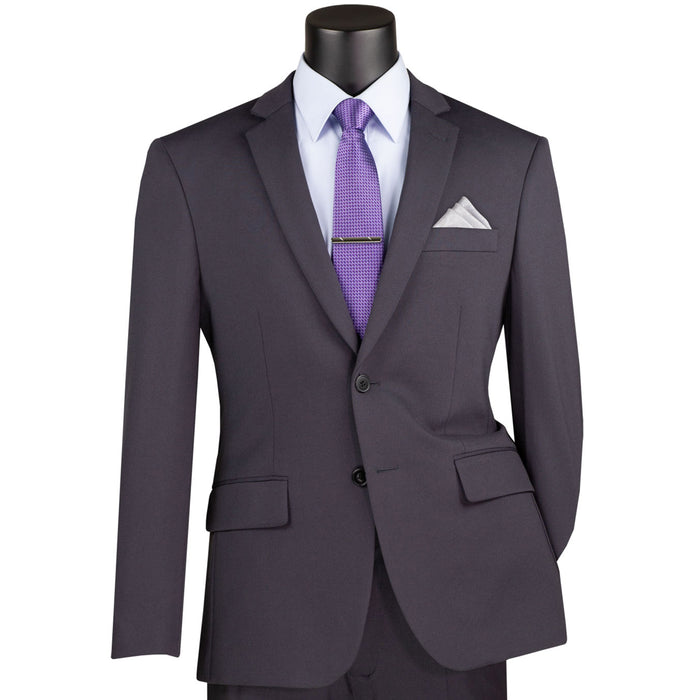 VINCI Men's Charcoal Gray Slim Fit 2pc Knit Stretch Suit with Adjustable Waist - NEW. Features a modern slim silhouette, elegantly lined jacket with notch lapel, and flat-front pants with elastic comfort waistband for optimal fit. Perfect for office or social occasions, blending practicality with enduring style. Available at Fashion House Inc. (FH Menswear)