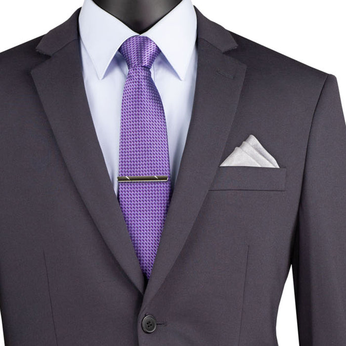 VINCI Men's Charcoal Gray Slim Fit 2pc Knit Stretch Suit with Adjustable Waist - NEW. Features a modern slim silhouette, elegantly lined jacket with notch lapel, and flat-front pants with elastic comfort waistband for optimal fit. Perfect for office or social occasions, blending practicality with enduring style. Available at Fashion House Inc. (FH Menswear)