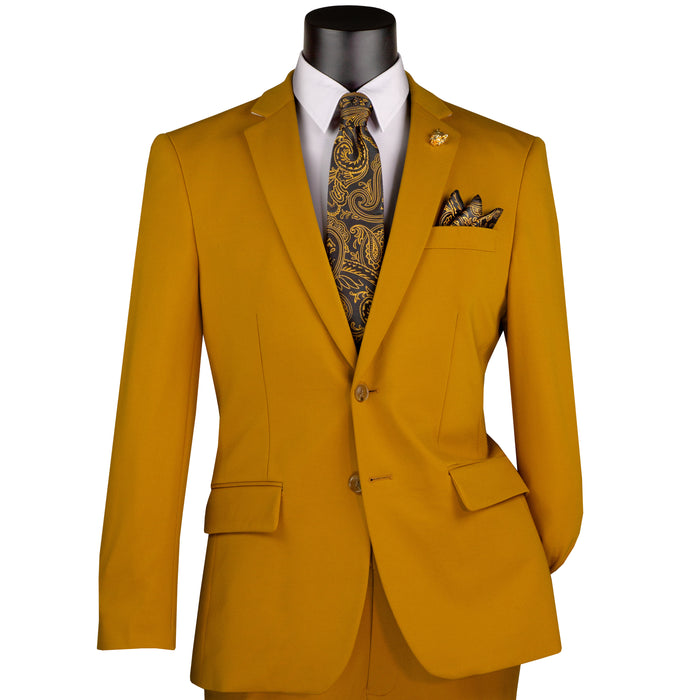 VINCI Men's Gold Slim Fit 2pc Knit Stretch Suit with Adjustable Waist - NEW. Features a modern slim silhouette, elegantly lined jacket with notch lapel, and flat-front pants with elastic comfort waistband for optimal fit. Perfect for office or social occasions, blending practicality with enduring style. Available at Fashion House Inc. (FH Menswear)