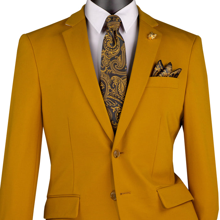 VINCI Men's Gold Slim Fit 2pc Knit Stretch Suit with Adjustable Waist - NEW. Features a modern slim silhouette, elegantly lined jacket with notch lapel, and flat-front pants with elastic comfort waistband for optimal fit. Perfect for office or social occasions, blending practicality with enduring style. Available at Fashion House Inc. (FH Menswear)