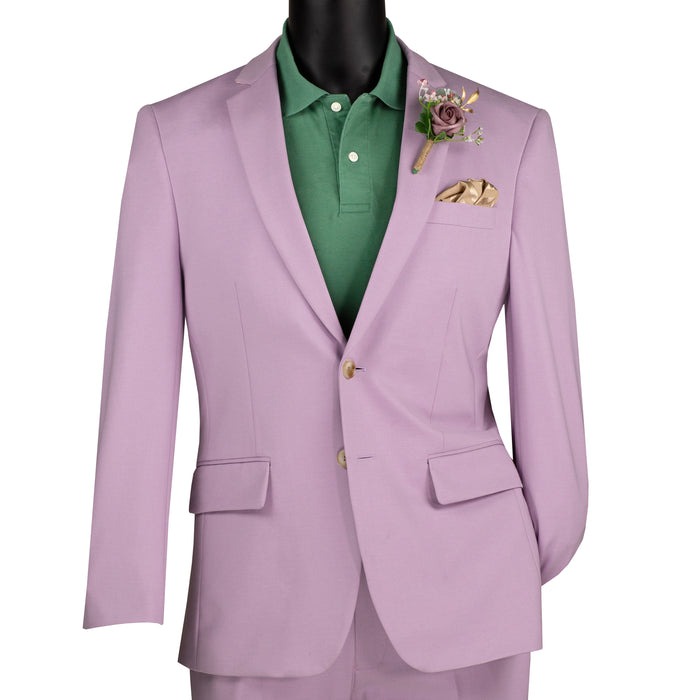 VINCI Men's Lavender Slim Fit 2pc Knit Stretch Suit with Adjustable Waist - NEW. Features a modern slim silhouette, elegantly lined jacket with notch lapel, and flat-front pants with elastic comfort waistband for optimal fit. Perfect for office or social occasions, blending practicality with enduring style. Available at Fashion House Inc. (FH Menswear)