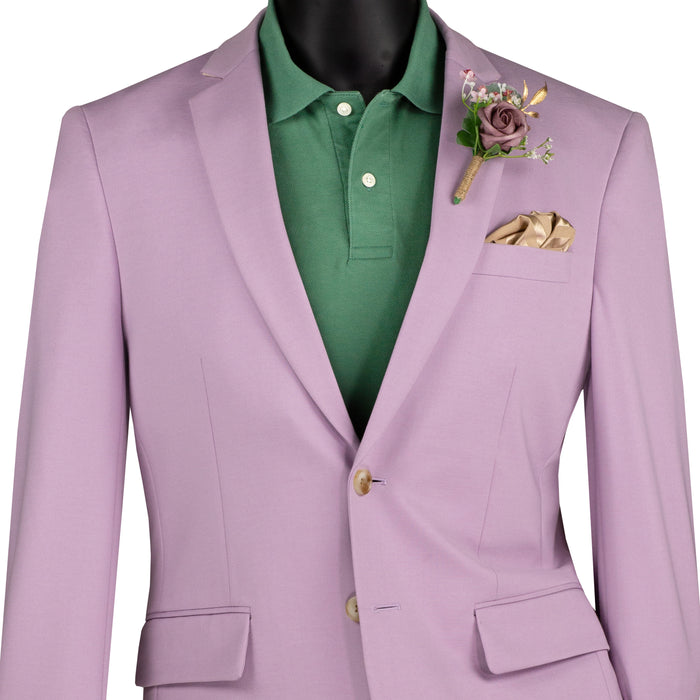 VINCI Men's Lavender Slim Fit 2pc Knit Stretch Suit with Adjustable Waist - NEW. Features a modern slim silhouette, elegantly lined jacket with notch lapel, and flat-front pants with elastic comfort waistband for optimal fit. Perfect for office or social occasions, blending practicality with enduring style. Available at Fashion House Inc. (FH Menswear)