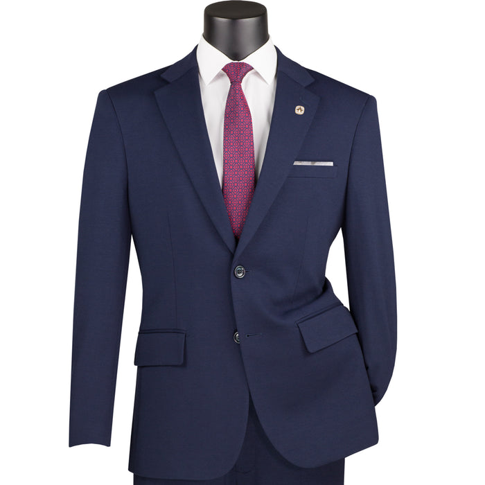 VINCI Men's Navy Blue Slim Fit 2pc Knit Stretch Suit with Adjustable Waist - NEW. Features a modern slim silhouette, elegantly lined jacket with notch lapel, and flat-front pants with elastic comfort waistband for optimal fit. Perfect for office or social occasions, blending practicality with enduring style. Available at Fashion House Inc. (FH Menswear)