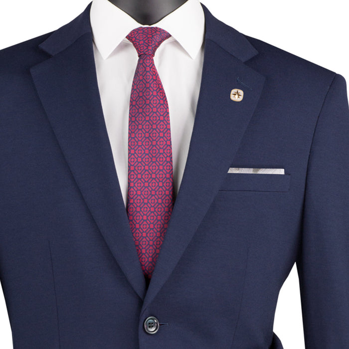VINCI Men's Navy Blue Slim Fit 2pc Knit Stretch Suit with Adjustable Waist - NEW. Features a modern slim silhouette, elegantly lined jacket with notch lapel, and flat-front pants with elastic comfort waistband for optimal fit. Perfect for office or social occasions, blending practicality with enduring style. Available at Fashion House Inc. (FH Menswear)