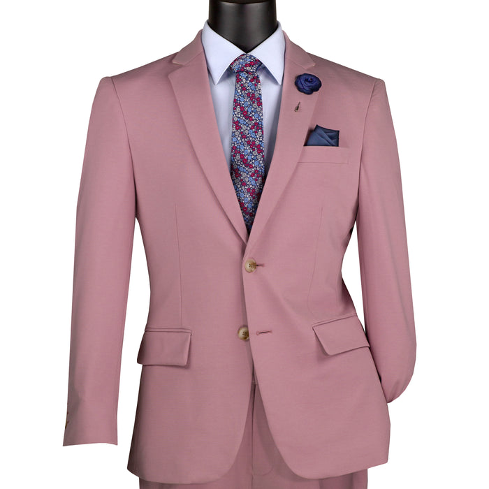 VINCI Men's Pink Slim Fit 2pc Knit Stretch Suit with Adjustable Waist - NEW. Features a modern slim silhouette, elegantly lined jacket with notch lapel, and flat-front pants with elastic comfort waistband for optimal fit. Perfect for office or social occasions, blending practicality with enduring style. Available at Fashion House Inc. (FH Menswear)