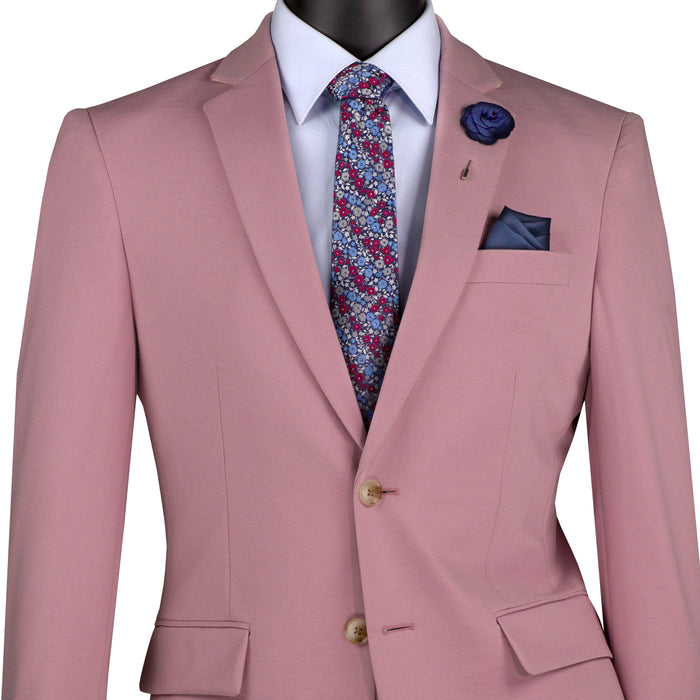VINCI Men's Pink Slim Fit 2pc Knit Stretch Suit with Adjustable Waist - NEW. Features a modern slim silhouette, elegantly lined jacket with notch lapel, and flat-front pants with elastic comfort waistband for optimal fit. Perfect for office or social occasions, blending practicality with enduring style. Available at Fashion House Inc. (FH Menswear)