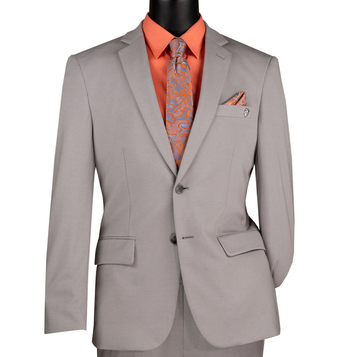 VINCI Men's Silver Gray Slim Fit 2pc Knit Stretch Suit with Adjustable Waist - NEW. Features a modern slim silhouette, elegantly lined jacket with notch lapel, and flat-front pants with elastic comfort waistband for optimal fit. Perfect for office or social occasions, blending practicality with enduring style. Available at Fashion House Inc. (FH Menswear)