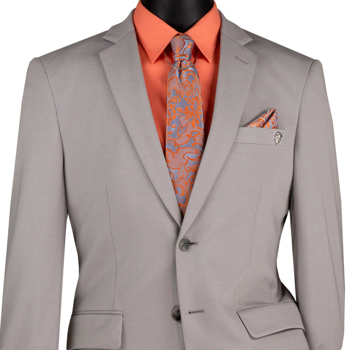 VINCI Men's Silver Gray Slim Fit 2pc Knit Stretch Suit with Adjustable Waist - NEW. Features a modern slim silhouette, elegantly lined jacket with notch lapel, and flat-front pants with elastic comfort waistband for optimal fit. Perfect for office or social occasions, blending practicality with enduring style. Available at Fashion House Inc. (FH Menswear)