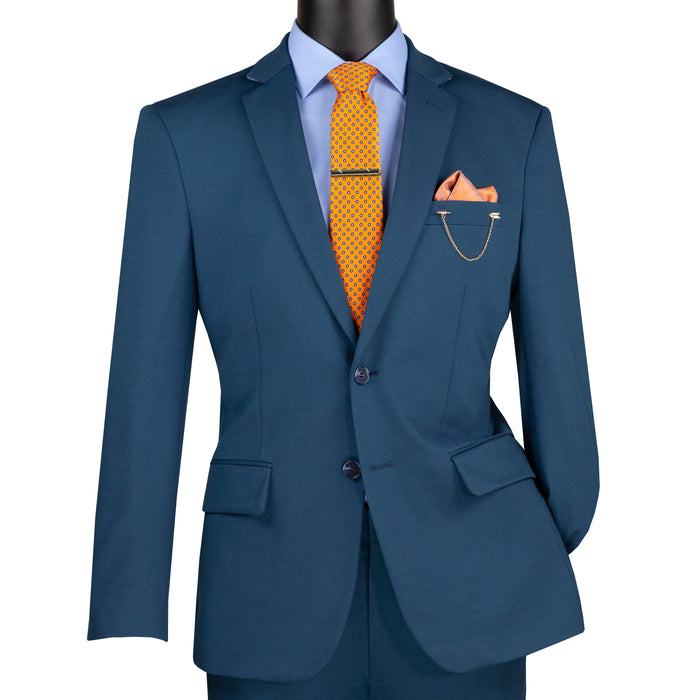 VINCI Men's Teal Blue Slim Fit 2pc Knit Stretch Suit with Adjustable Waist - NEW. Features a modern slim silhouette, elegantly lined jacket with notch lapel, and flat-front pants with elastic comfort waistband for optimal fit. Perfect for office or social occasions, blending practicality with enduring style. Available at Fashion House Inc. (FH Menswear)