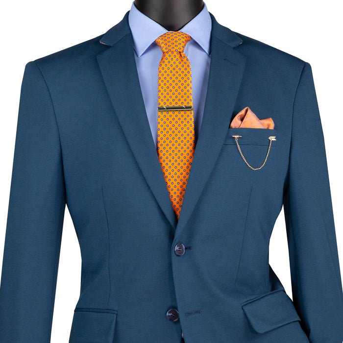 VINCI Men's Teal Blue Slim Fit 2pc Knit Stretch Suit with Adjustable Waist - NEW. Features a modern slim silhouette, elegantly lined jacket with notch lapel, and flat-front pants with elastic comfort waistband for optimal fit. Perfect for office or social occasions, blending practicality with enduring style. Available at Fashion House Inc. (FH Menswear)