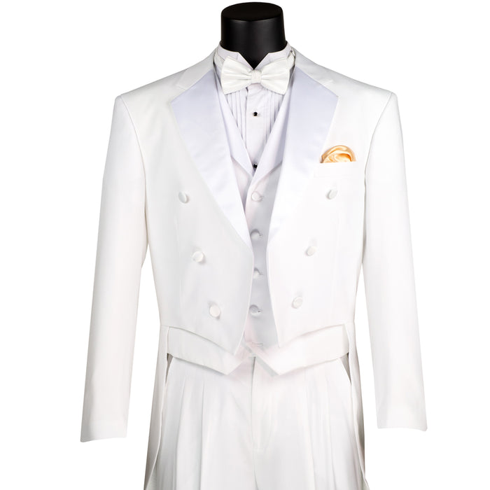VINCI Men's White 3-Piece Classic-Fit Tailcoat Tuxedo Suit NEW. Features an elegantly lined tailcoat with sateen notch lapel, matching 5-button vest, and pleated pants ready for custom tailoring. Perfect for special events, offering timeless style and sophistication. Available at Fashion House Inc. (FH Menswear)