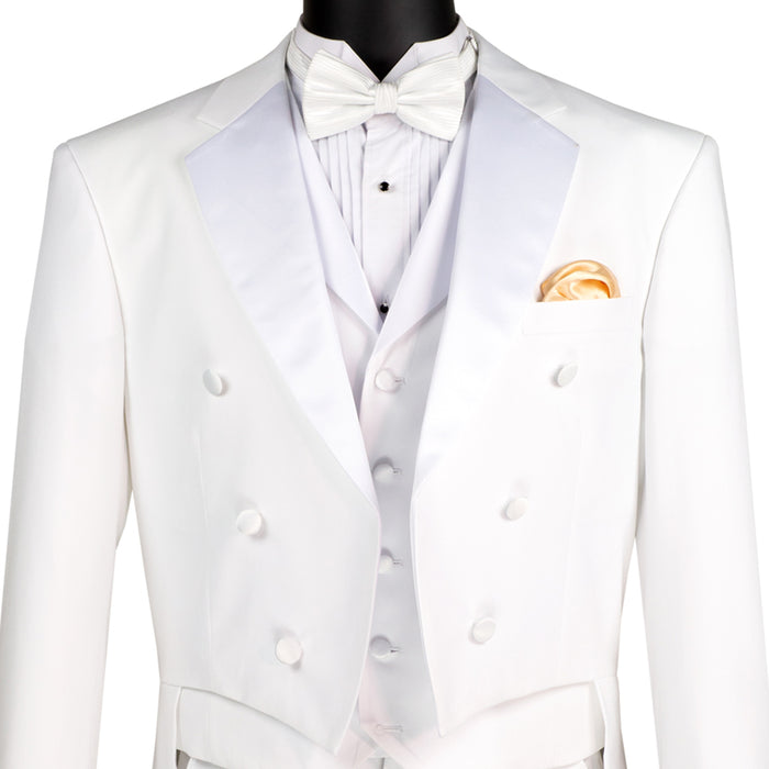 VINCI Men's White 3-Piece Classic-Fit Tailcoat Tuxedo Suit NEW. Features an elegantly lined tailcoat with sateen notch lapel, matching 5-button vest, and pleated pants ready for custom tailoring. Perfect for special events, offering timeless style and sophistication. Available at Fashion House Inc. (FH Menswear)