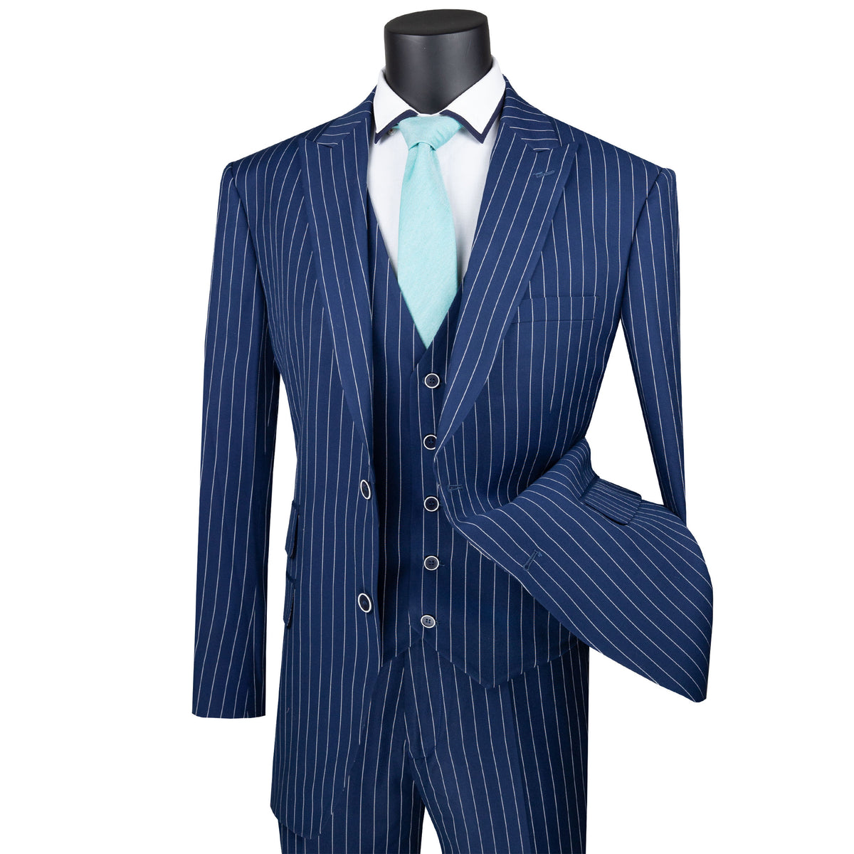 VINCI Men's Blue Gangster Stripe 3pc 2-Button Classic-Fit Suit - NEW. Elegant design with a bold peak lapel jacket and flat-front pants ready for custom tailoring. Ideal for office and social events, providing a sharp, timeless look. Available at Fashion House Inc. (FH Menswear)