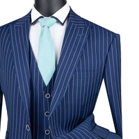 VINCI Men's Blue Gangster Stripe 3pc 2-Button Classic-Fit Suit - NEW. Elegant design with a bold peak lapel jacket and flat-front pants ready for custom tailoring. Ideal for office and social events, providing a sharp, timeless look. Available at Fashion House Inc. (FH Menswear)