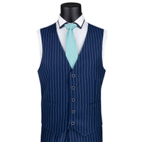 VINCI Men's Blue Gangster Stripe 3pc 2-Button Classic-Fit Suit - NEW. Elegant design with a bold peak lapel jacket and flat-front pants ready for custom tailoring. Ideal for office and social events, providing a sharp, timeless look. Available at Fashion House Inc. (FH Menswear)