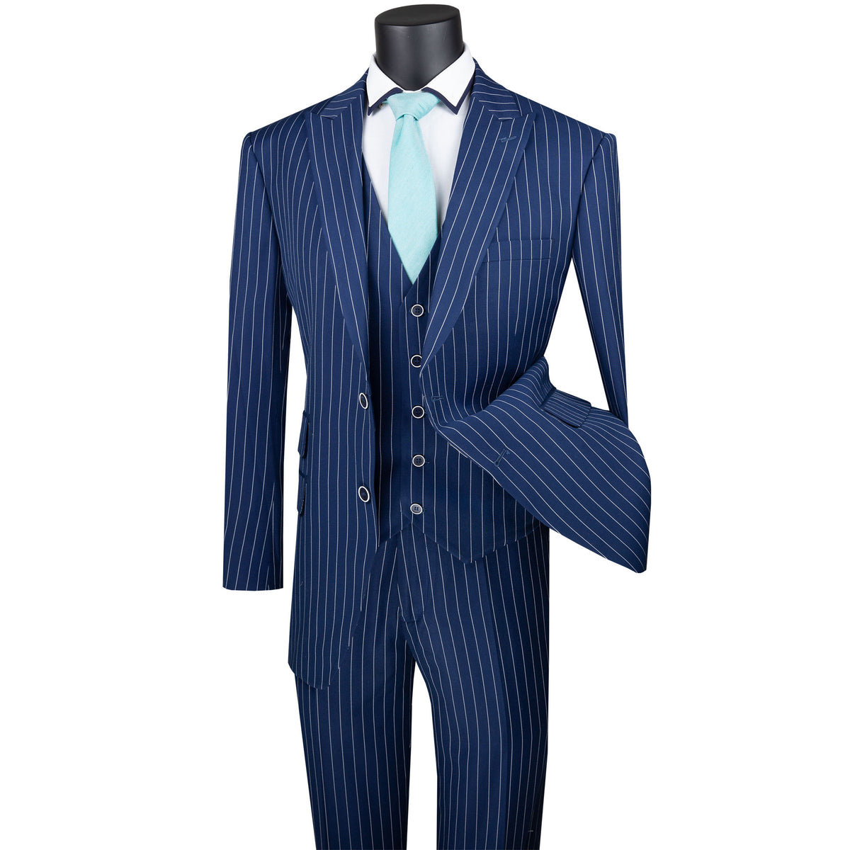 VINCI Men's Blue Gangster Stripe 3pc 2-Button Classic-Fit Suit - NEW. Elegant design with a bold peak lapel jacket and flat-front pants ready for custom tailoring. Ideal for office and social events, providing a sharp, timeless look. Available at Fashion House Inc. (FH Menswear)