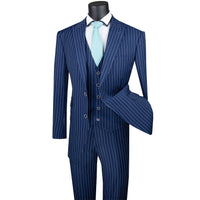 VINCI Men's Blue Gangster Stripe 3pc 2-Button Classic-Fit Suit - NEW. Elegant design with a bold peak lapel jacket and flat-front pants ready for custom tailoring. Ideal for office and social events, providing a sharp, timeless look. Available at Fashion House Inc. (FH Menswear)